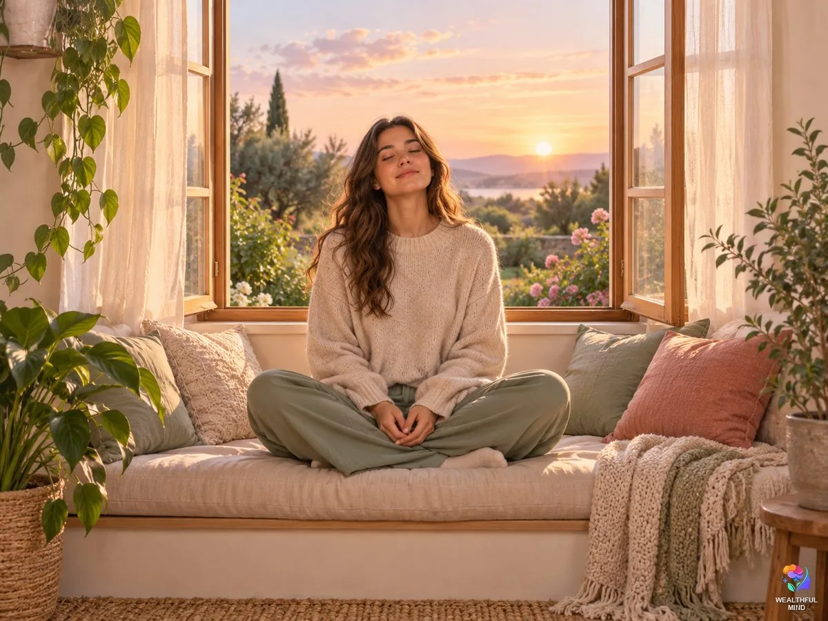 Ascension symptoms: a young woman meditating calmly by a sunlit window at dawn
