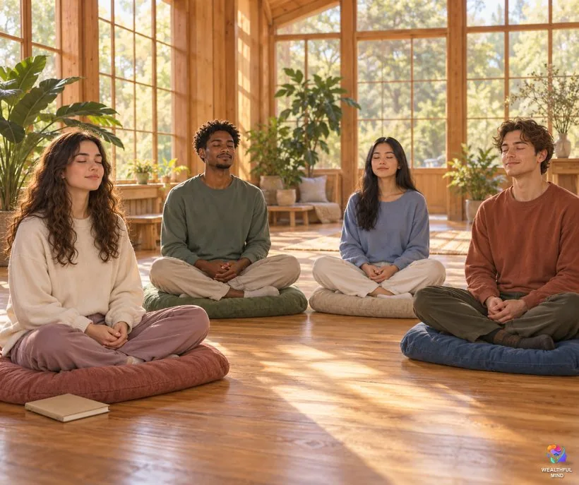 Are ascension symptoms real: young adults meditating on cushions in a calm sunlit wooden hall