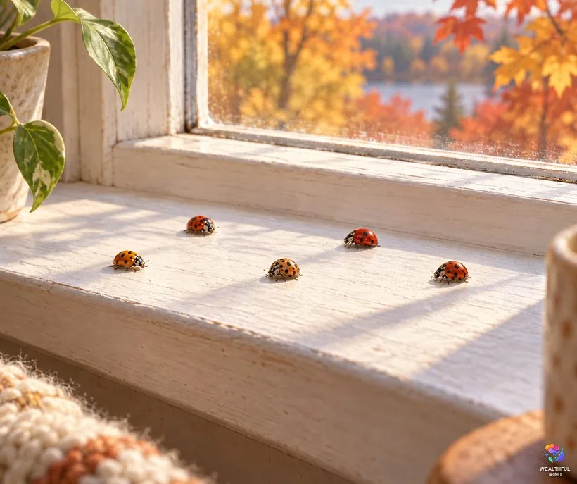 Ladybugs in the house in fall: Asian lady beetles resting on a sunny white window frame with autumn trees outside