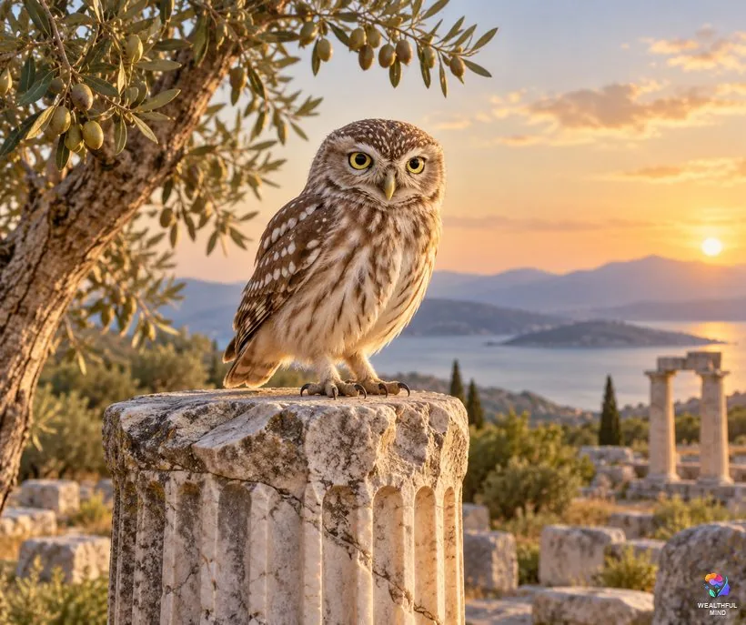 Athena's owl, symbol of wisdom: a little owl perched on an ancient marble column at golden hour