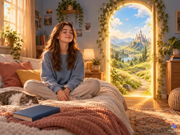 Awake shifting methods: a teenager meditating on her bed in daylight beside a glowing doorway to a fantasy world
