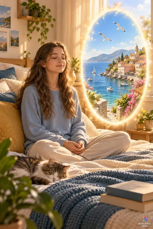 Awake shifting methods: a teenager sitting up in bed in afternoon light, eyes closed, as a glowing doorway opens onto her desired reality