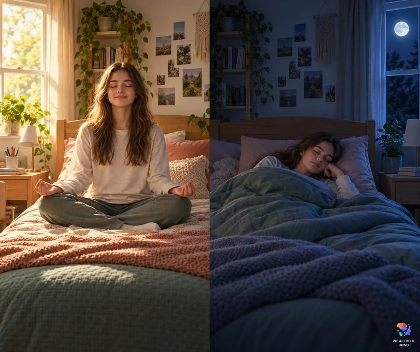 Awake vs sleep shifting: the same teenager meditating upright in daylight and asleep in bed at night