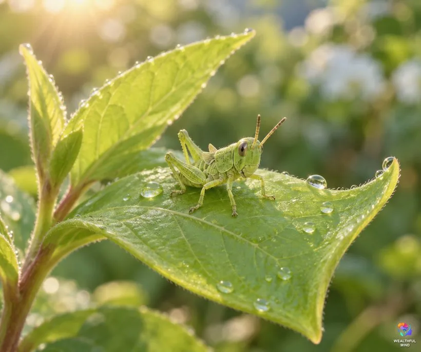 Baby grasshopper meaning: a tiny green grasshopper nymph with small wing buds on a fresh spring leaf with dewdrops