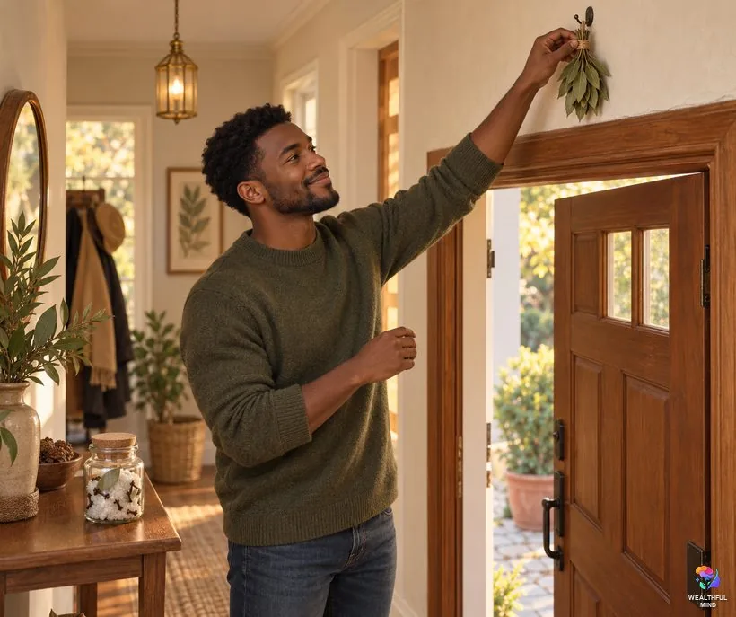 Bay leaf for protection: a young man hanging a bundle of dried bay leaves above his front door beside a salt jar