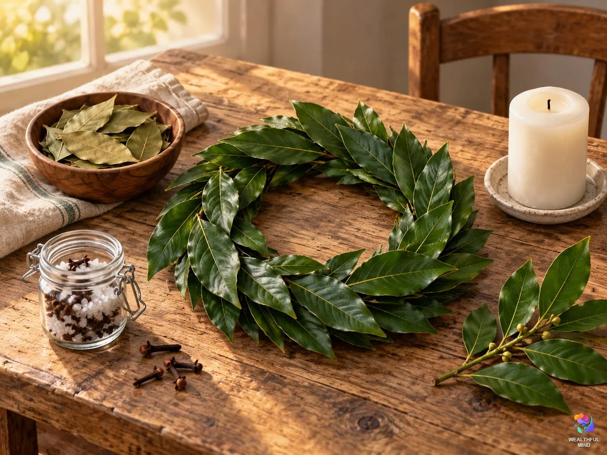 Bay leaf magical properties: a bay laurel wreath, dried bay leaves, a candle and a jar of salt and cloves on a wooden table