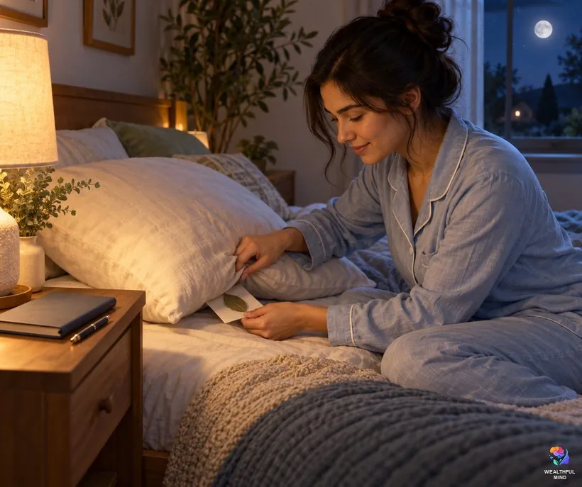Bay leaf under pillow: a young woman sliding a dried bay leaf wrapped in her question under her pillow at bedtime