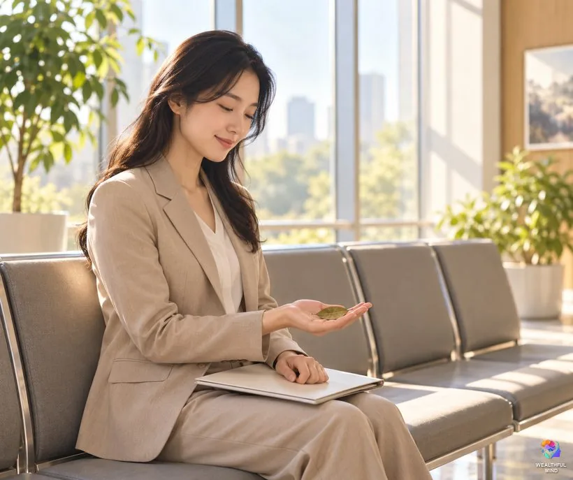 Bay leaves for success: a young woman holding a dried bay leaf for luck while she waits for her interview