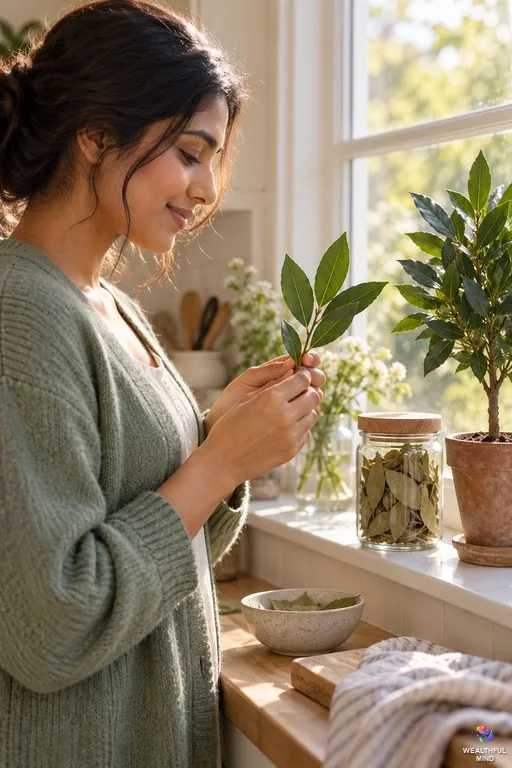 Bay leaves spiritual benefits: a young woman holding a fresh bay laurel sprig by a kitchen window with a jar of dried bay leaves