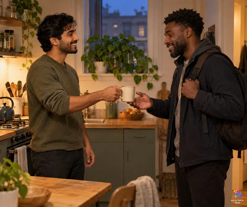 Become the friend on your list: a young man handing his tired flatmate a mug of tea