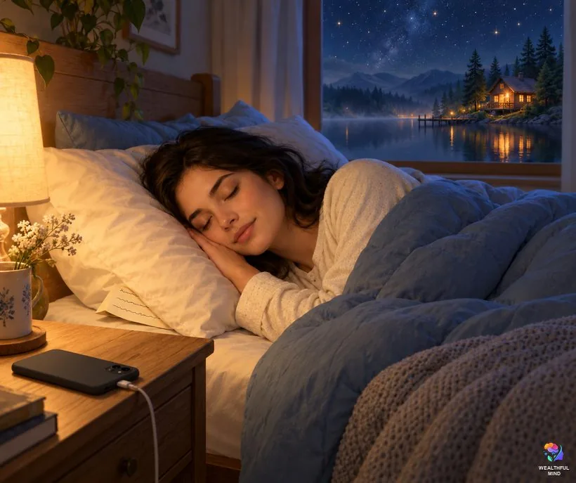 Bedtime shifting affirmations: a young woman falling asleep with her affirmations under her pillow and her phone on the nightstand