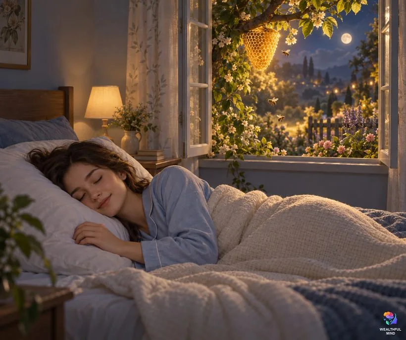 Bee dream meaning: a young woman sleeping peacefully beside a window opening onto a glowing garden of bees