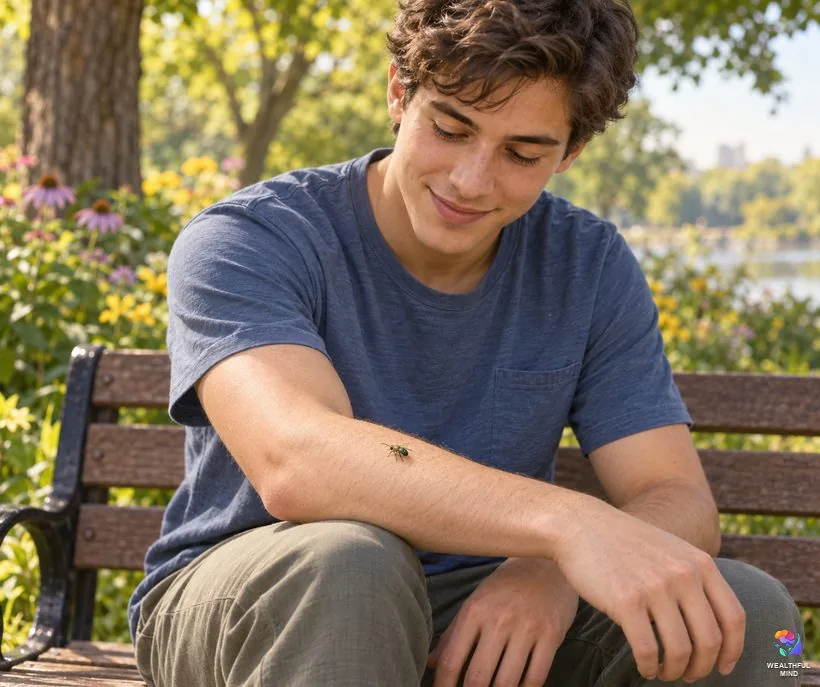 Bee landing on you: a tiny metallic green sweat bee resting on a young man's forearm on a warm summer day