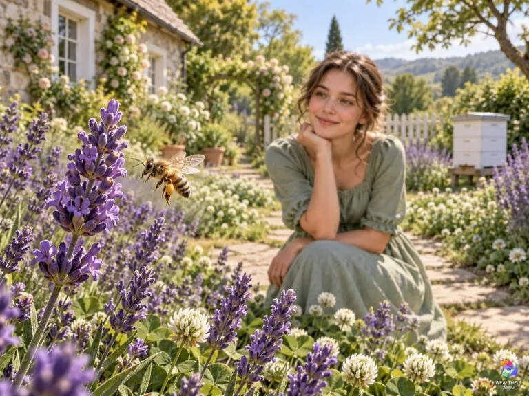 Bee spiritual meaning: a honey bee over lavender in a cottage garden with a young woman watching calmly