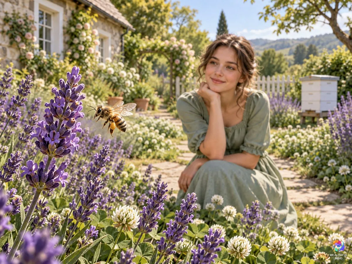 Bee spiritual meaning: a honey bee over lavender in a cottage garden with a young woman watching calmly