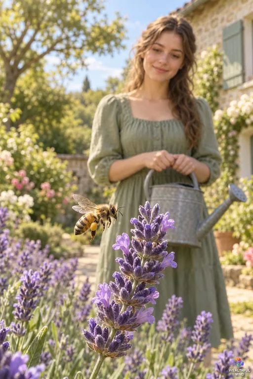 Bee spiritual meaning: a honey bee by lavender in a sunny garden as a young woman watches calmly from a few steps away