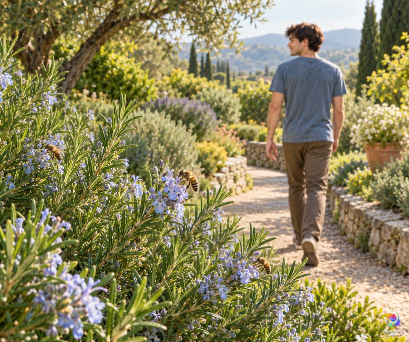 Bee sting safety: a young man walking calmly away along a garden path while honey bees forage on rosemary