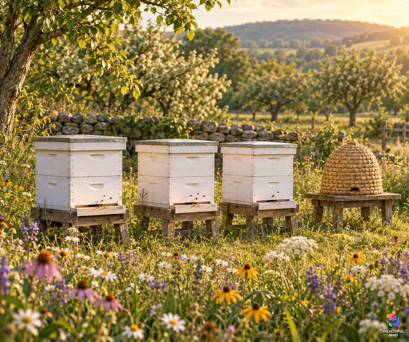 Beehive spiritual meaning: white wooden beehives and a straw skep at the edge of a sunny wildflower meadow