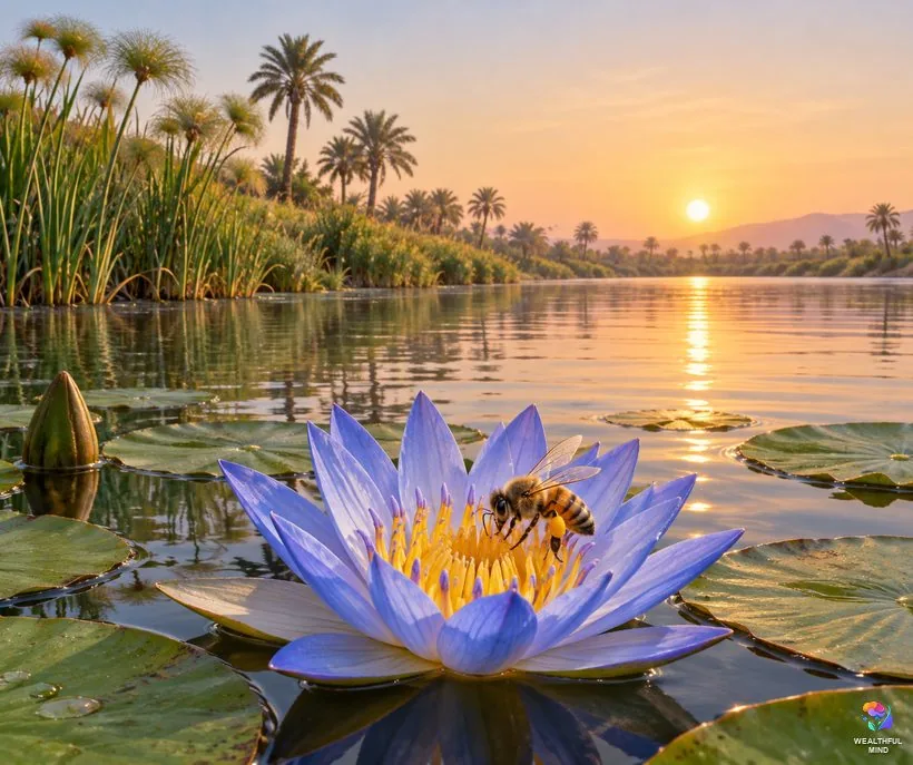 Bees in ancient Egypt: a honey bee on a blue water lily by a river at sunrise with papyrus and palms