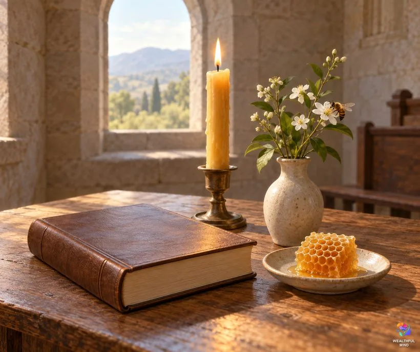 Bees in the Bible: a lit beeswax candle and honeycomb on a chapel table in soft morning light