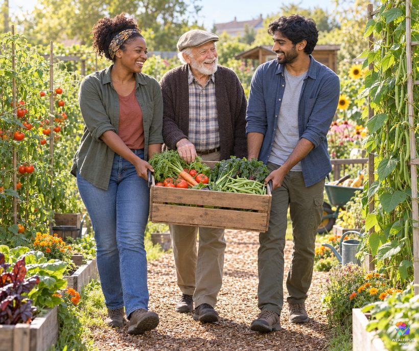 Being kind may help you live longer: two young adults helping an elderly neighbor in a sunny community garden