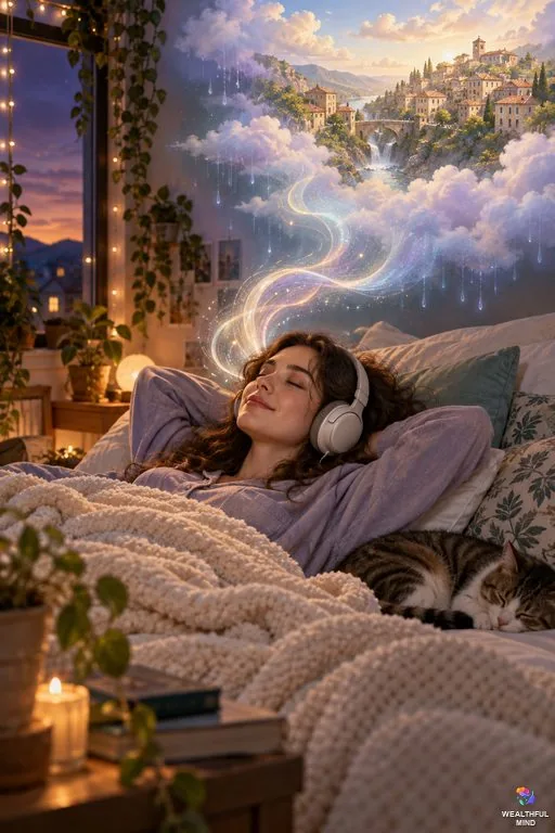 Best subliminals for shifting: a young woman with headphones as a glowing sound wave rises toward her desired reality