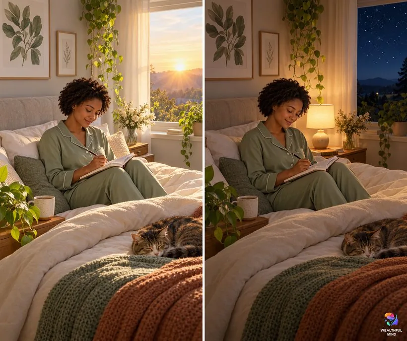 Best time to do the 1x11 method: a young woman writing her manifestation in bed in the morning and again at night
