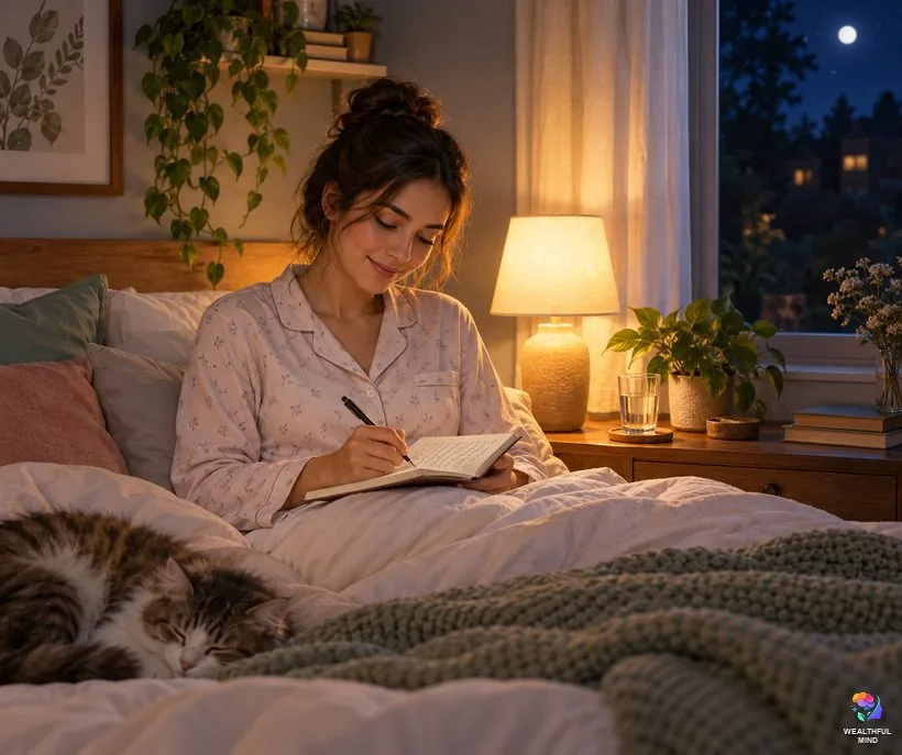 The best time to write manifestations: a young woman writing in her notebook in bed before sleep