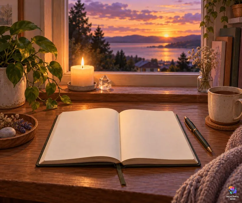 Better CR vs manifesting: an open blank journal and a pen beside a window at dusk