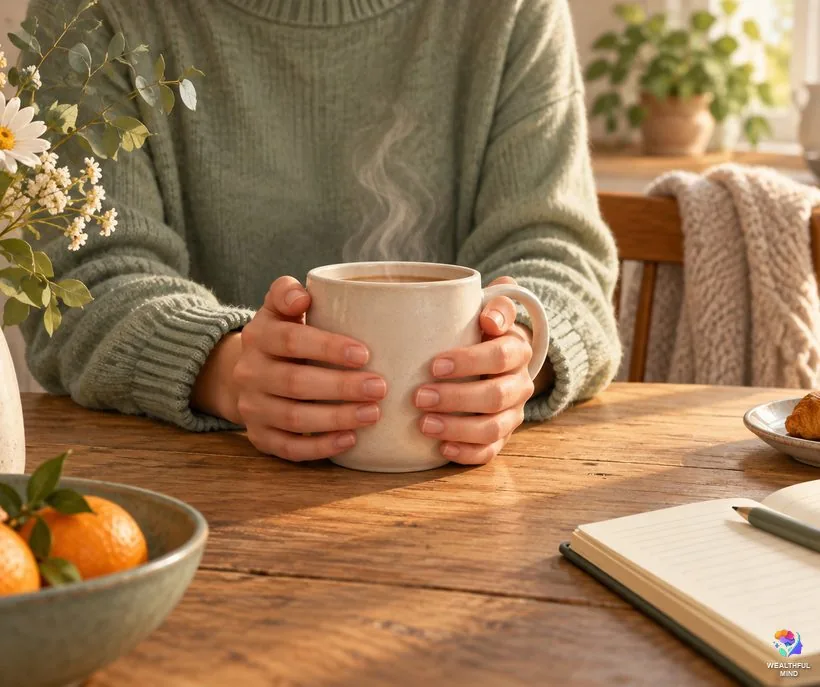 Better CR wishes that need extra care: two hands around a warm mug at a quiet kitchen table