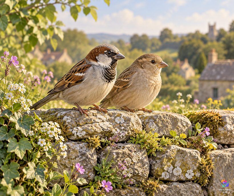 What the Bible says about a dead bird: two living sparrows on a sunlit stone wall