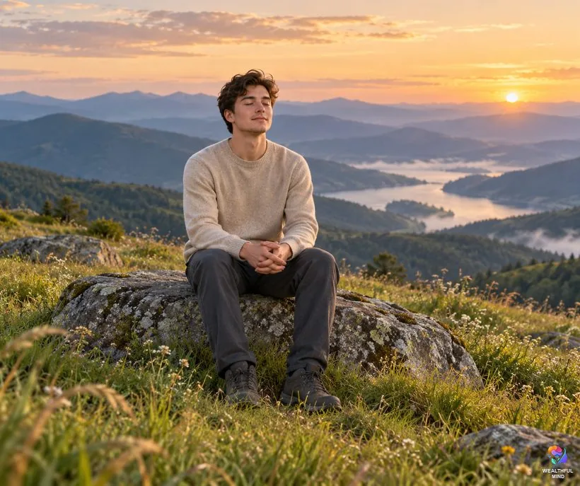 Bible and ringing ears: a young man sitting in stillness on a mountainside at dawn, listening quietly