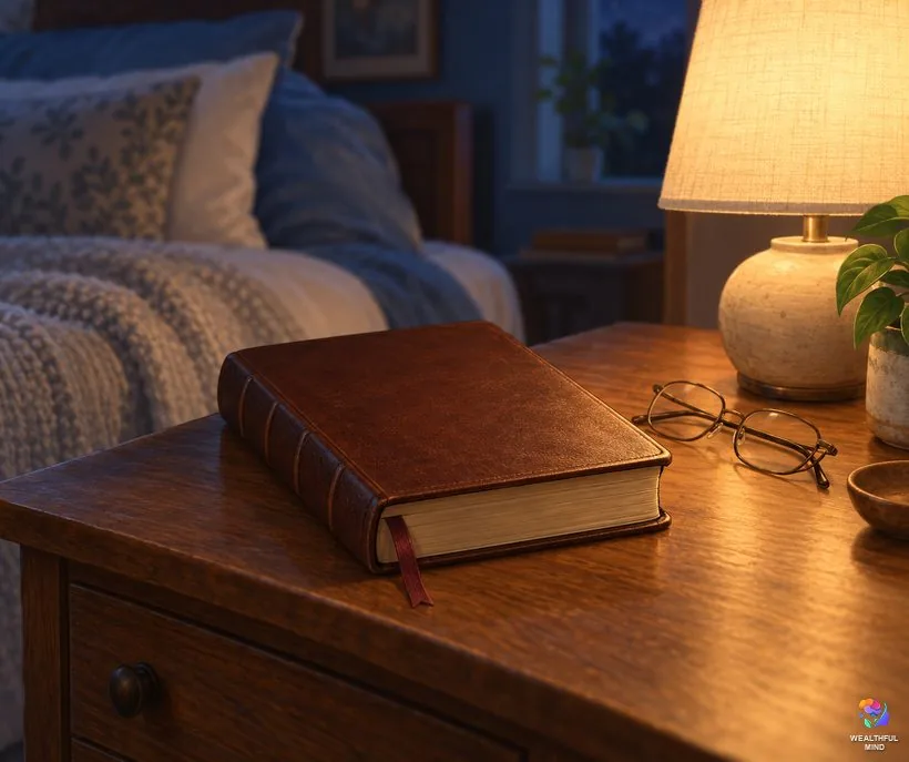 Biblical meaning of biting your tongue in your sleep: a closed Bible on a bedside table beside a softly glowing lamp