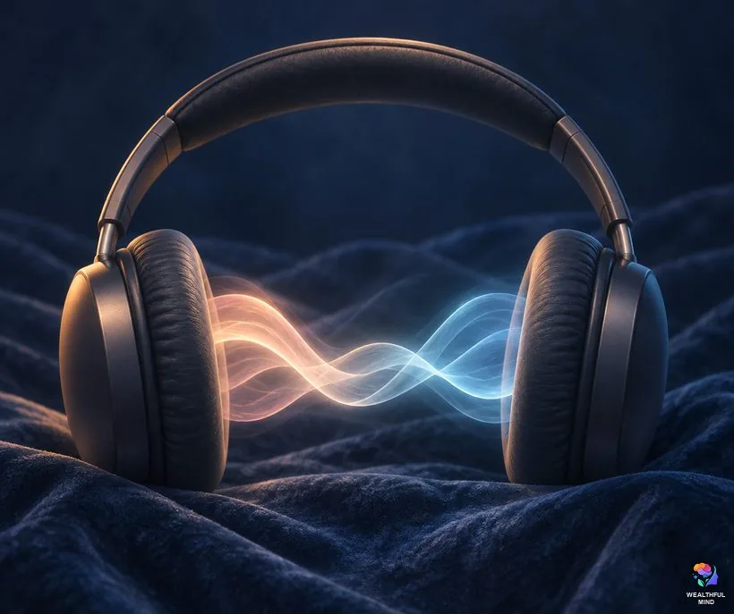 Binaural beats: headphones with two soft light waves of different colours meeting between the ear cups