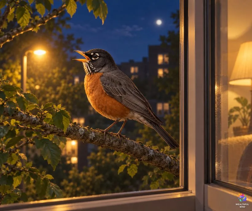 An American robin singing on a branch outside an apartment window at night