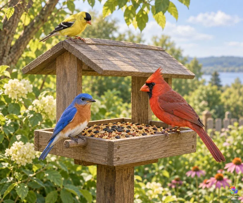Bird colors meanings: a red cardinal, a bluebird and a yellow goldfinch sharing a garden feeder