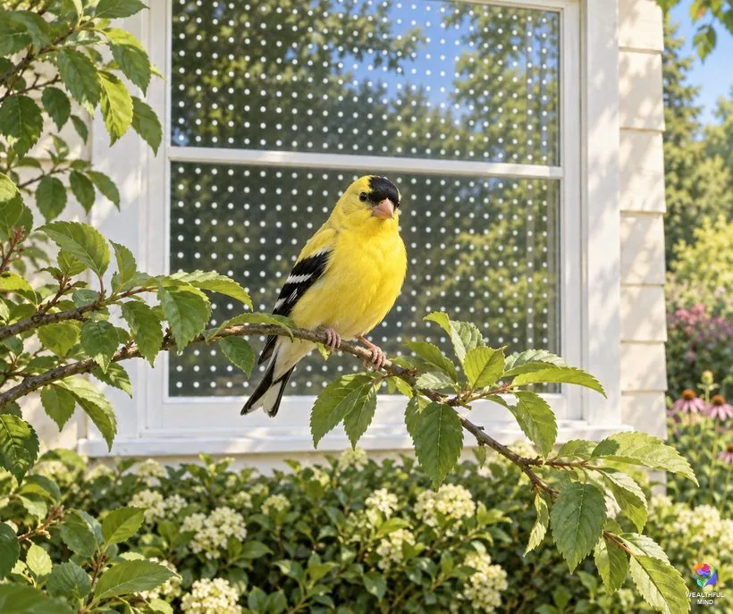 Bird flying into window meaning: a goldfinch perched safely beside a window marked with small white dots