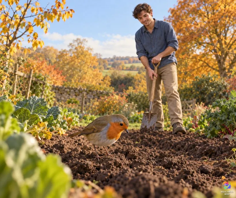 Bird following you meaning: a robin standing on freshly dug soil behind a young man gardening