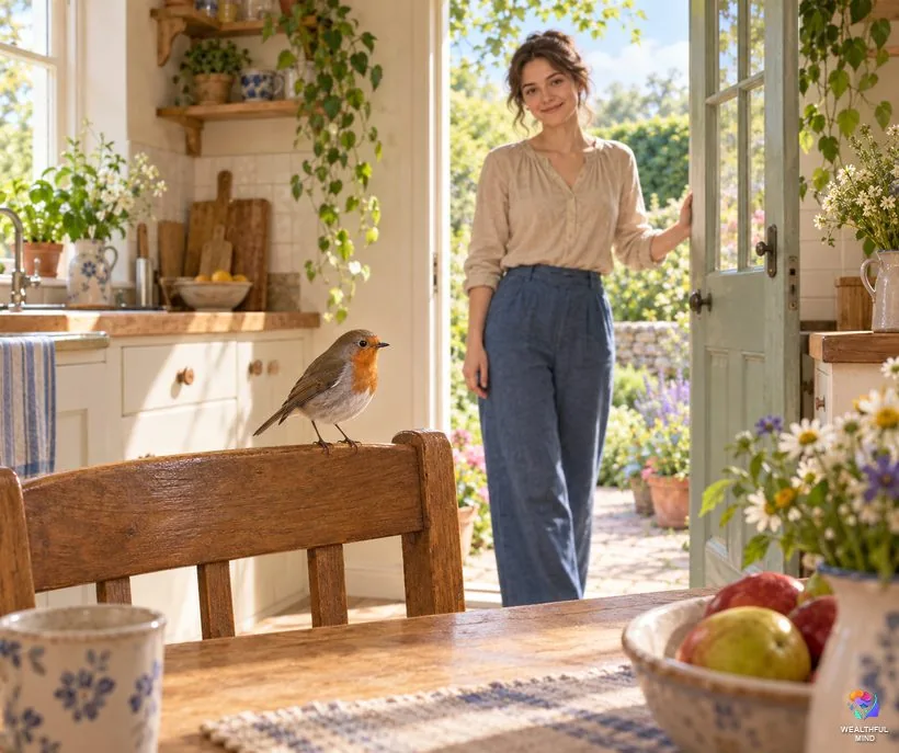 Bird in the house meaning: a robin on a kitchen chair while a young woman holds the back door open