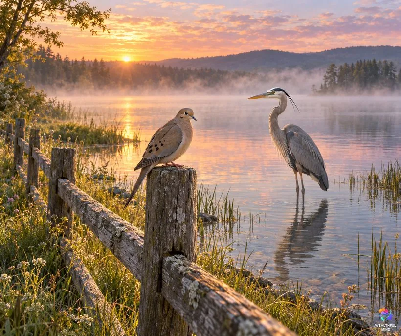 Bird meanings at a glance: a great blue heron in a misty lake and a mourning dove on a fence post