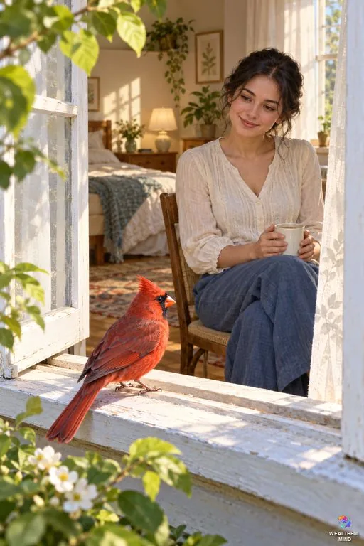 Bird spiritual meaning: a young woman smiling at a red cardinal perched on her sunny bedroom windowsill