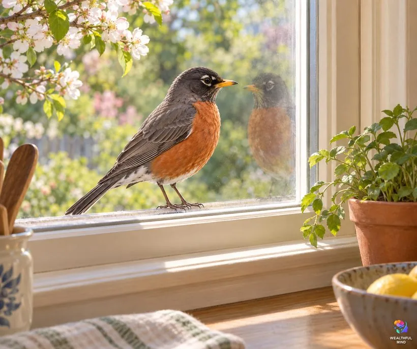 Bird tapping on window meaning: an American robin on a window ledge looking at its reflection in the glass