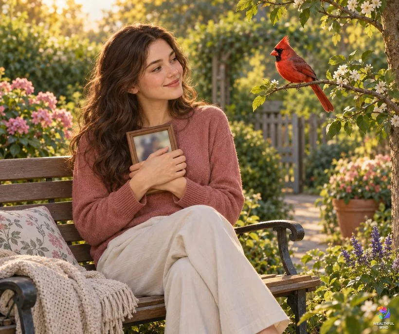 Birds as signs from loved ones: a young woman on a garden bench smiling at a red cardinal on a branch