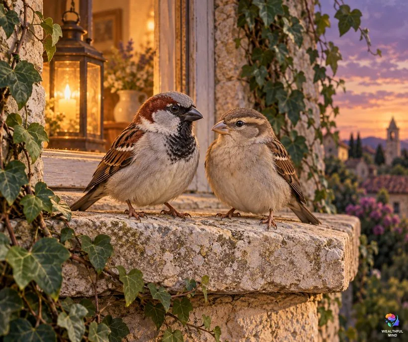Two sparrows resting on a stone windowsill at dusk by a softly lit window