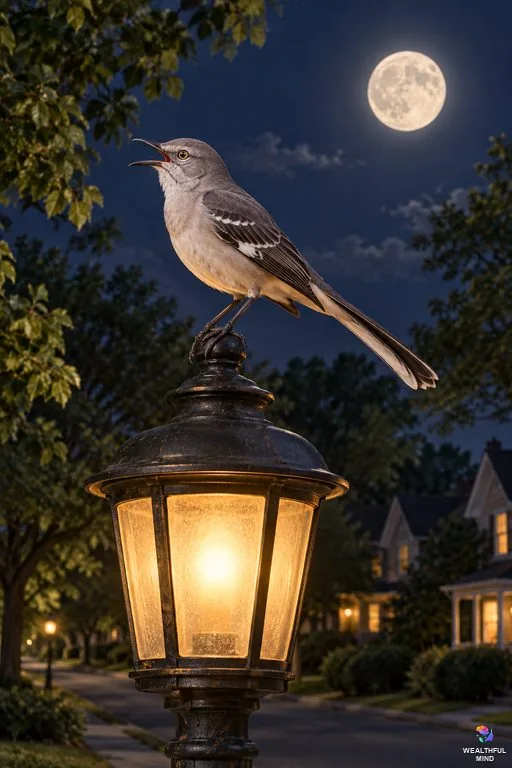 Birds chirping at night spiritual meaning: a mockingbird singing on a lamp post under a full moon