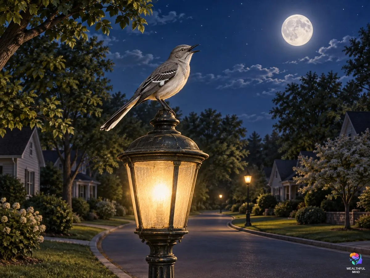 Birds chirping at night spiritual meaning: a mockingbird singing on a street lamp under the full moon