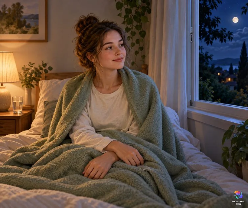 A young woman sitting up in bed at night listening to birds outside her window