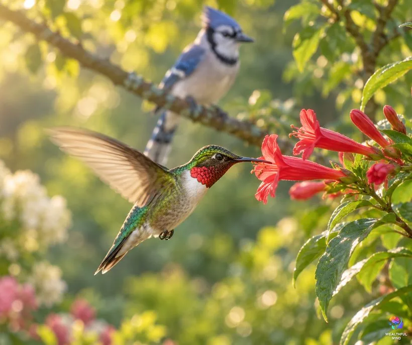 Birds as spiritual signs: a hummingbird at a red flower and a blue jay behind