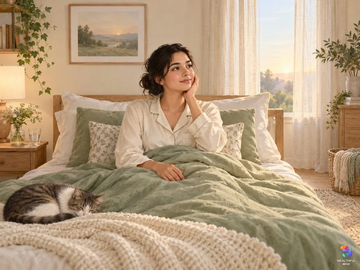 Biting tongue in sleep spiritual meaning: a young woman sitting up in a calm bedroom at dawn, hand near her jaw