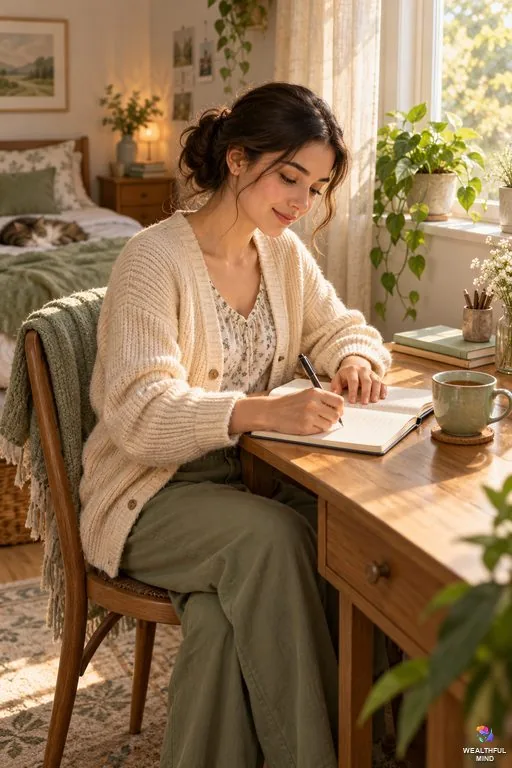 Biting tongue in sleep spiritual meaning: a young woman writing calmly in a notebook by a sunny window in the morning
